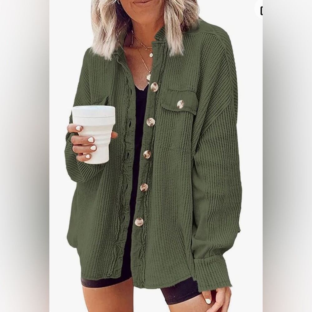 Army Green Women’s Waffle Knit Shacket Boyfriend Shirt Jacket
